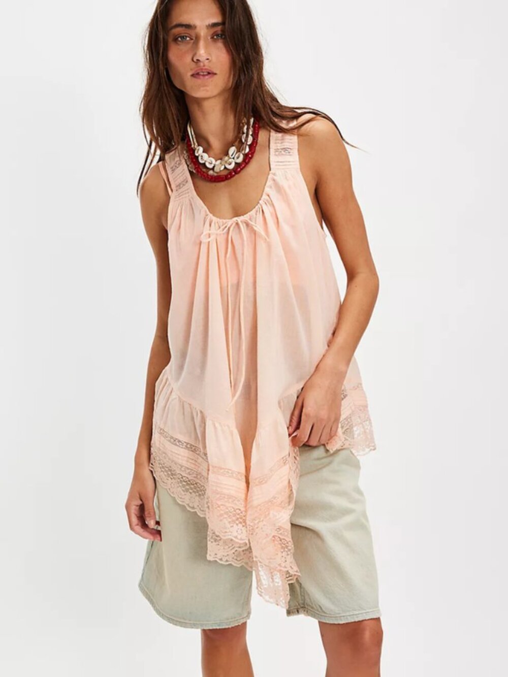 Free People Coretta Tunic Top Sleeveless Drawstring Racer-back Lace Peach New L